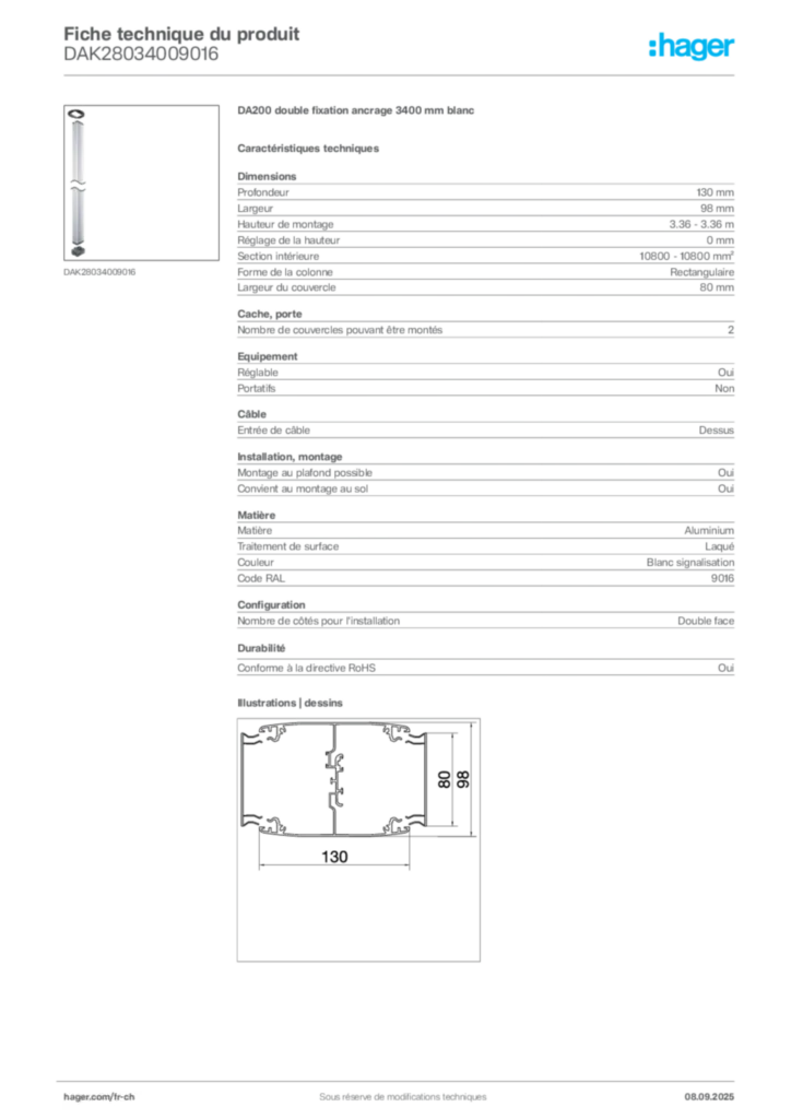 Image Hager Fiche technique du produit DAK28034009016 | Hager Suisse