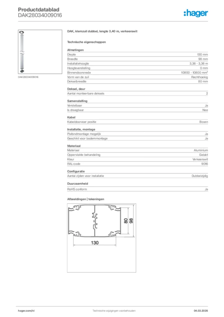 Afbeelding Hager Productdatablad DAK28034009016 | Hager Nederland