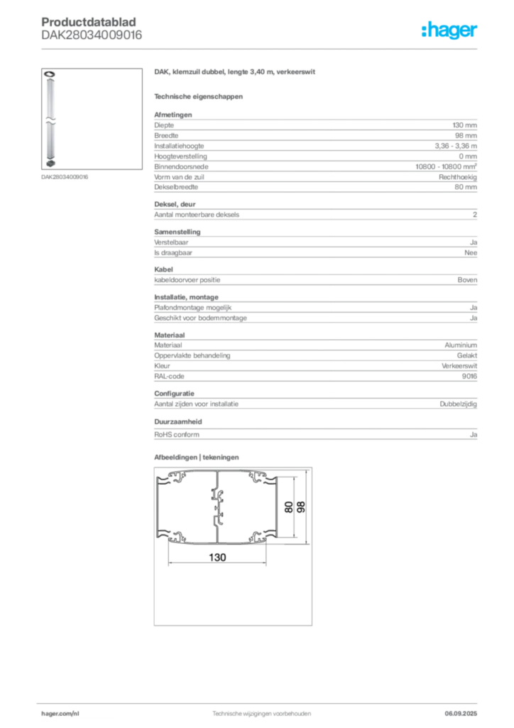 Afbeelding Hager Productdatablad DAK28034009016 | Hager Nederland