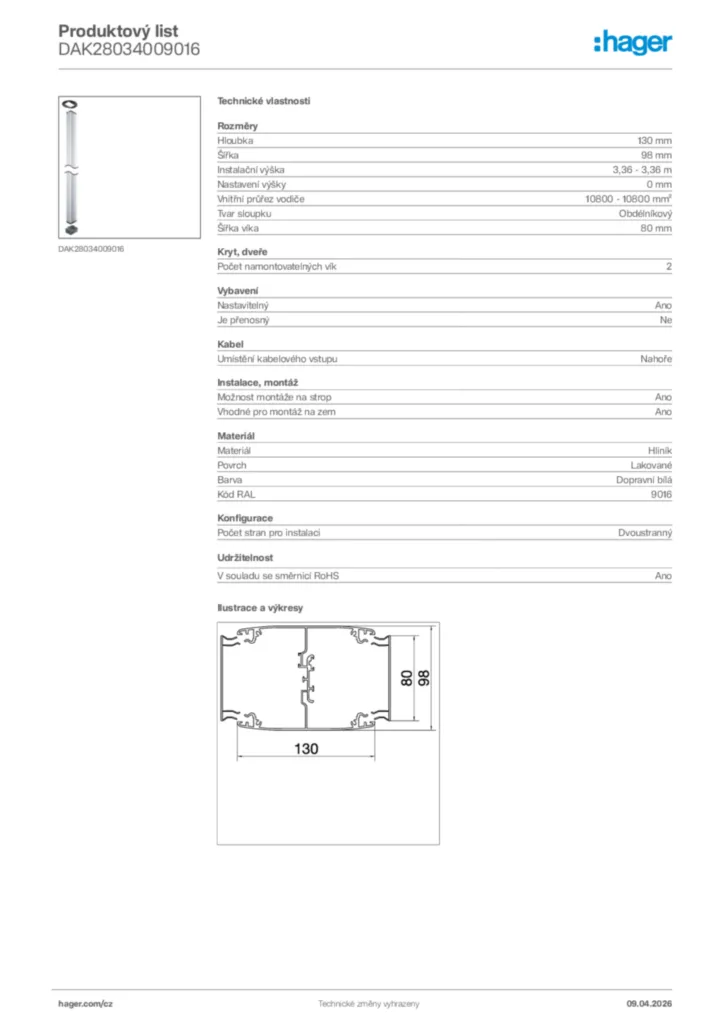Obrázek Hager Product data sheet DAK28034009016 | Hager
