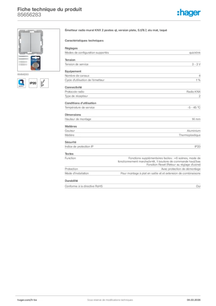 Image Hager Fiche technique du produit 85656283 | Hager Belgique