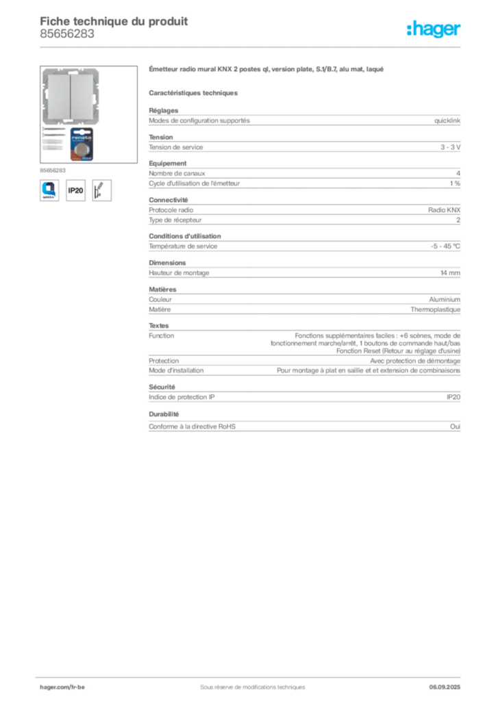 Image Hager Fiche technique du produit 85656283 | Hager Belgique