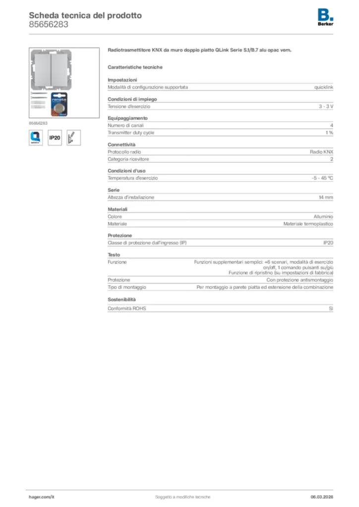 Immagine Berker Scheda tecnica del prodotto 85656283 | Hager Italia