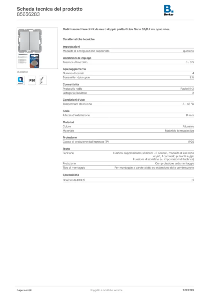 Immagine Berker Scheda tecnica del prodotto 85656283 | Hager Italia