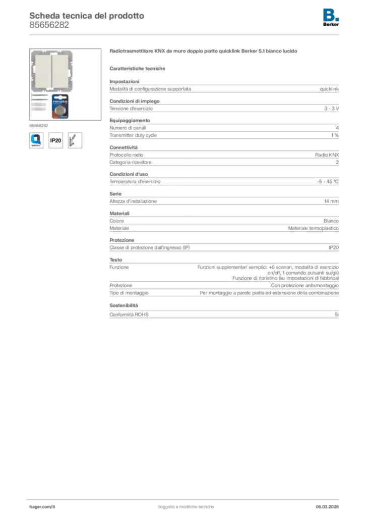 Immagine Berker Scheda tecnica del prodotto 85656282 | Hager Italia