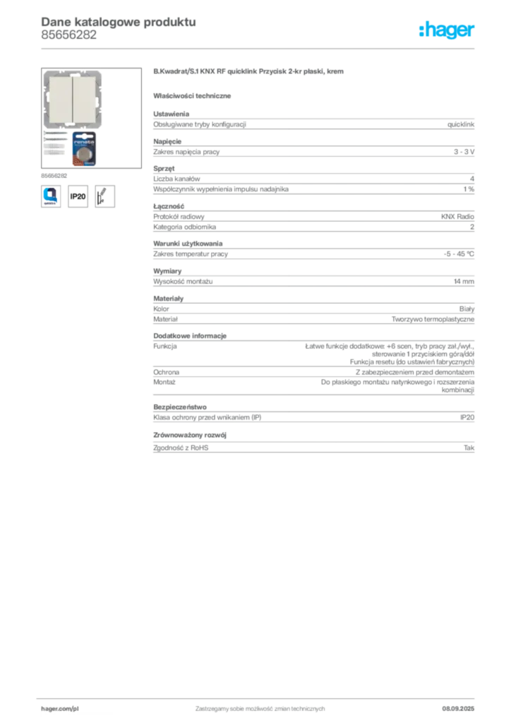Zdjęcie Hager Dane katalogowe produktu 85656282 | Hager Polska
