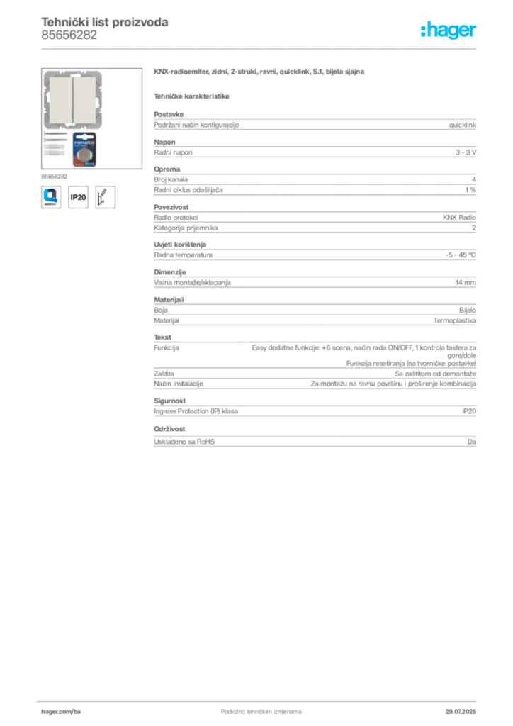 Slika Hager Product data sheet 85656282  | Hager