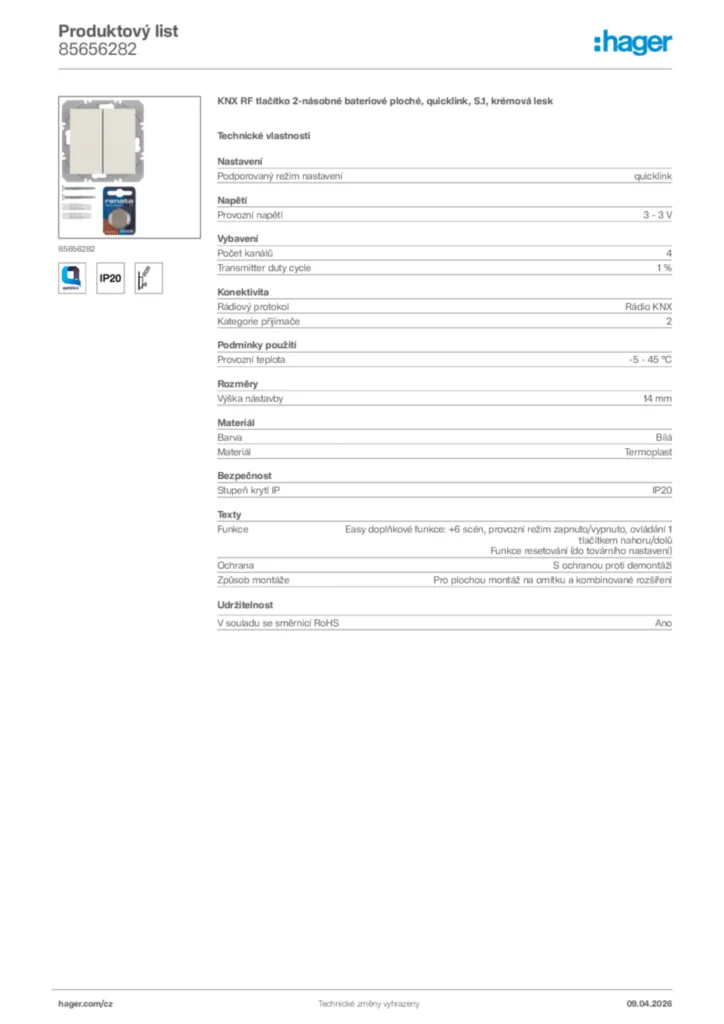 Obrázek Hager Product data sheet 85656282 | Hager