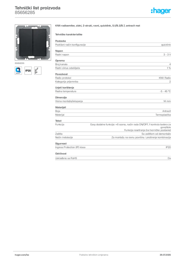 Slika Hager Product data sheet 85656285  | Hager