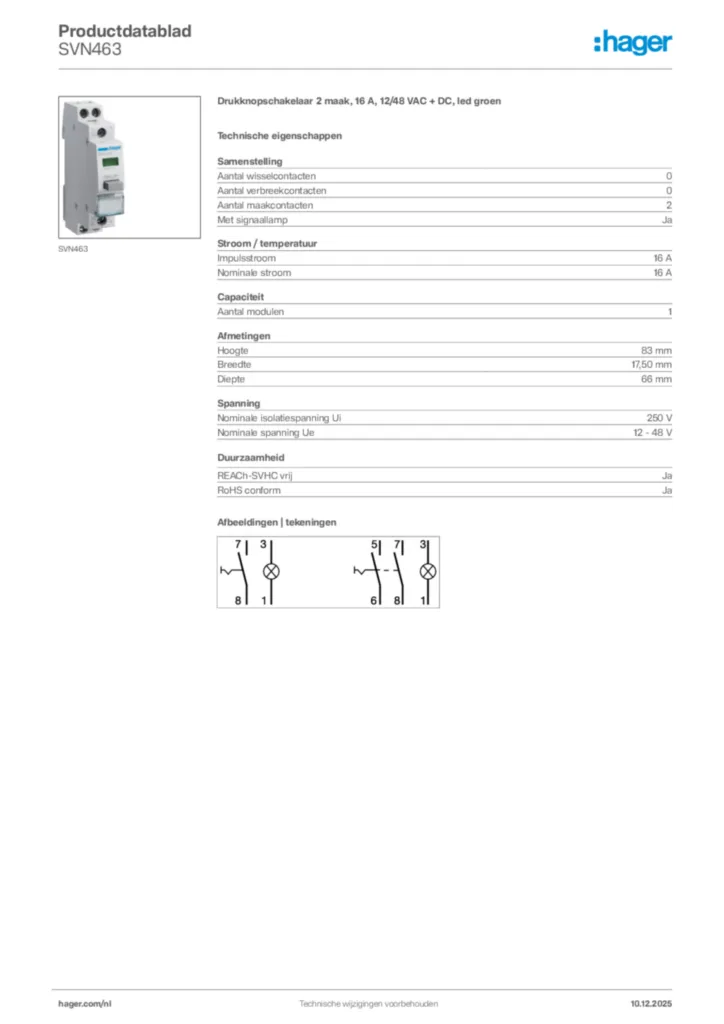 Afbeelding Hager Productdatablad SVN463 | Hager Nederland