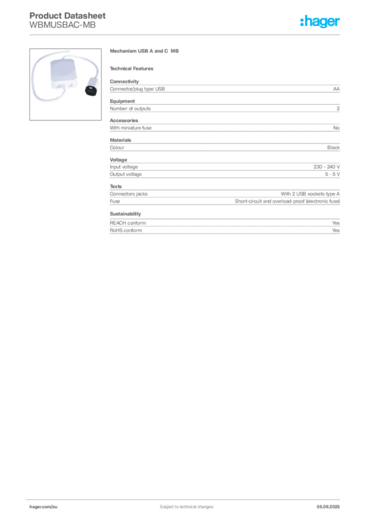 Image Hager Product data sheet WBMUSBAC-MB  | Hager Australia