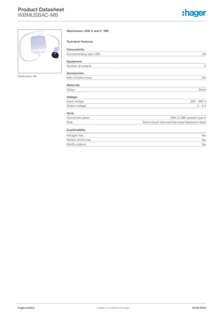 Image Hager Product data sheet WBMUSBAC-MB  | Hager New Zealand