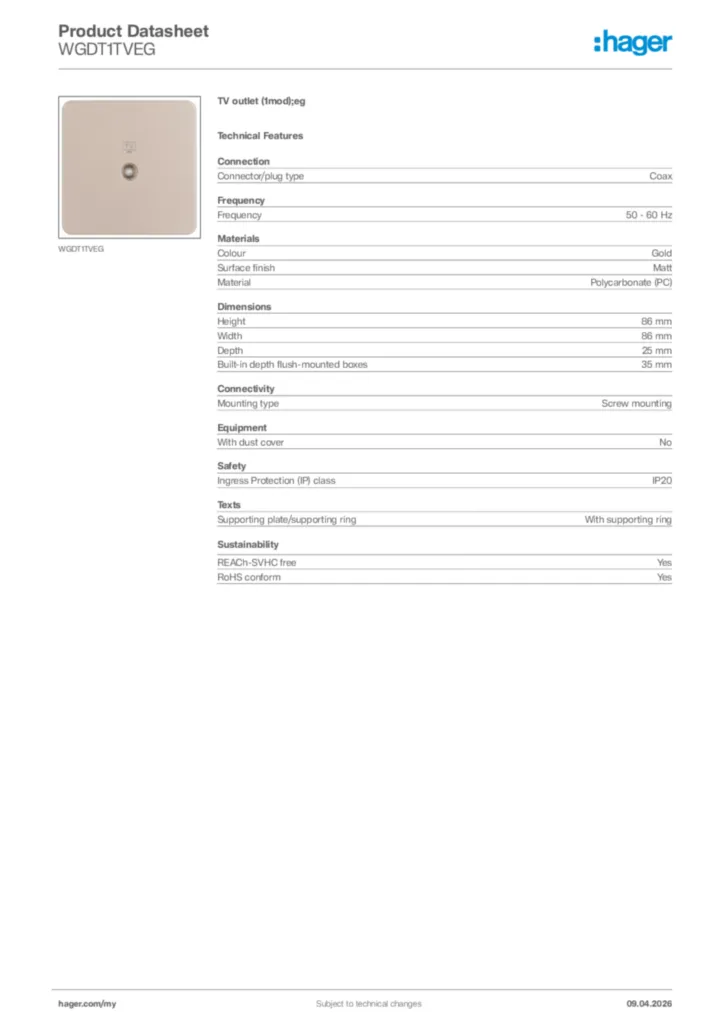 Image Hager Product data sheet WGDT1TVEG  | Hager