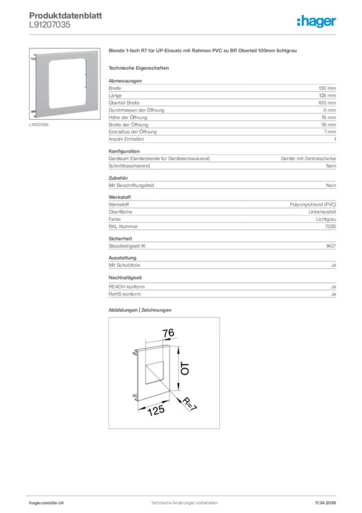 Bild Hager Produktdatenblatt L91207035 | Hager Schweiz
