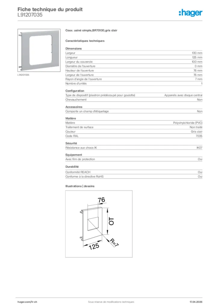 Image Hager Fiche technique du produit L91207035 | Hager Suisse
