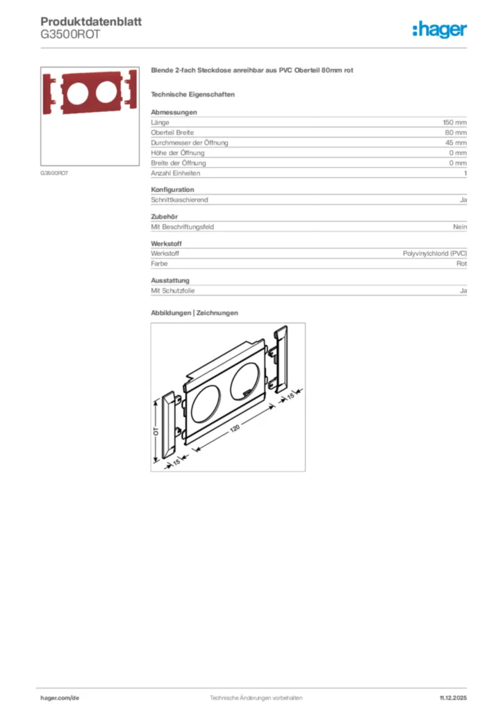 Bild Hager Produktdatenblatt G3500ROT | Hager Deutschland