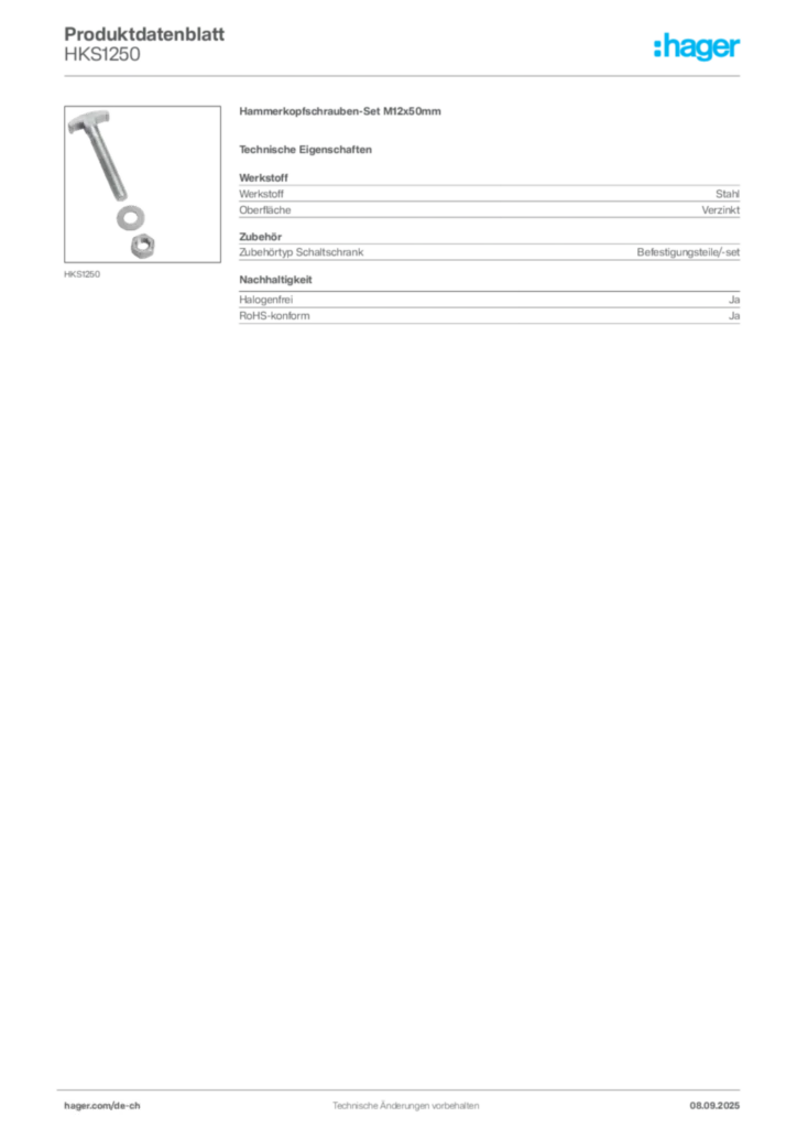 Bild Hager Produktdatenblatt HKS1250 | Hager Schweiz