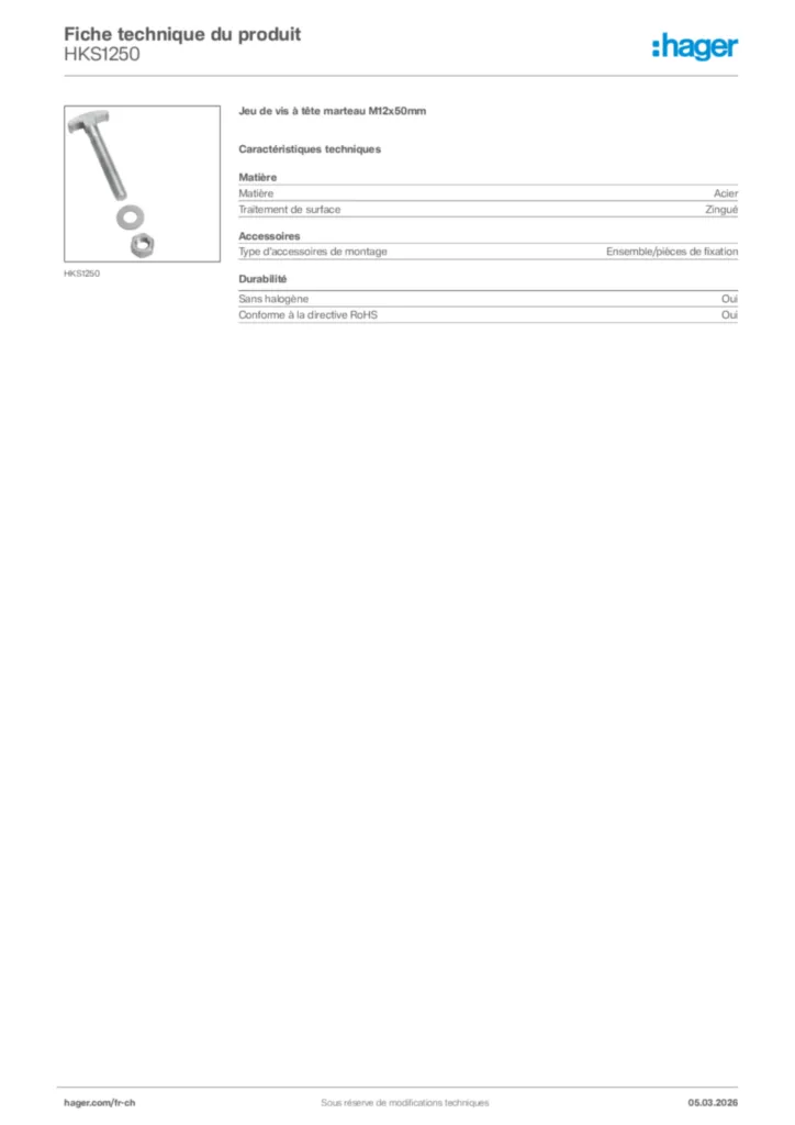 Image Hager Fiche technique du produit HKS1250 | Hager Suisse