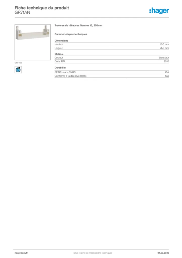 Image Hager Fiche technique du produit GR71AN | Hager France