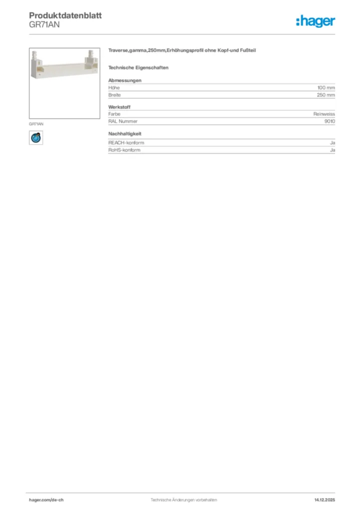 Bild Hager Produktdatenblatt GR71AN | Hager Schweiz