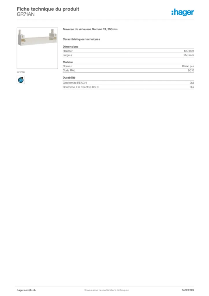 Image Hager Fiche technique du produit GR71AN | Hager Suisse