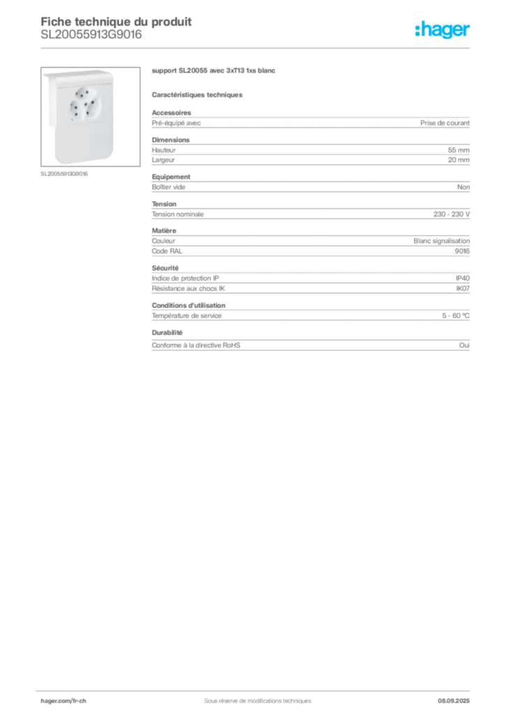 Image Hager Fiche technique du produit SL20055913G9016 | Hager Suisse
