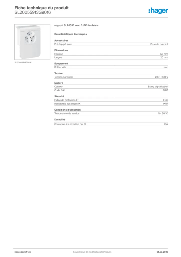 Image Hager Fiche technique du produit SL20055913G9016 | Hager Suisse
