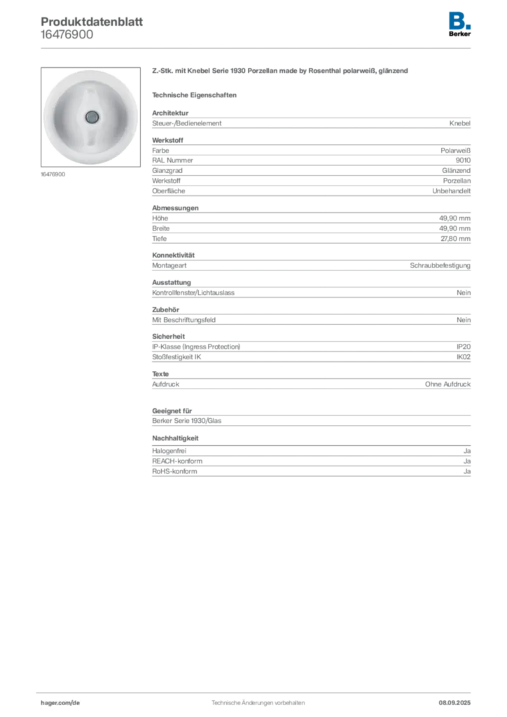 Berker Produktdatenblatt 16476900