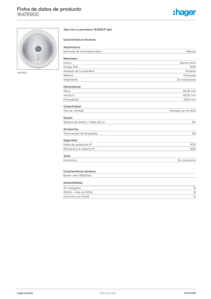 Imagen Hager Ficha de datos de producto 16476900 | Hager España