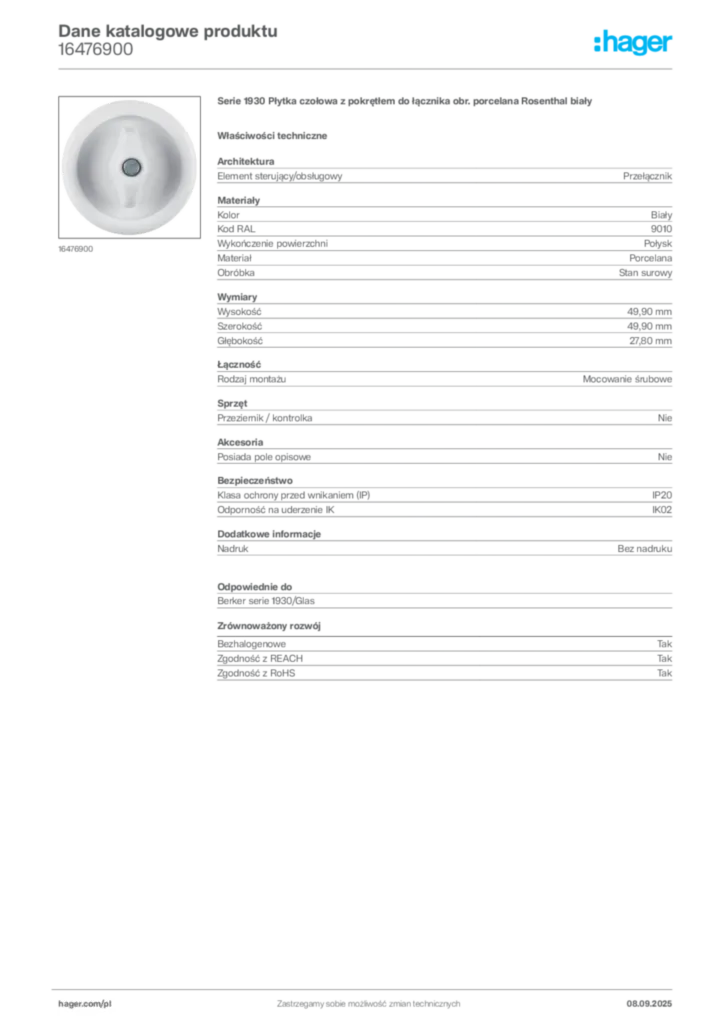 Zdjęcie Hager Dane katalogowe produktu 16476900 | Hager Polska