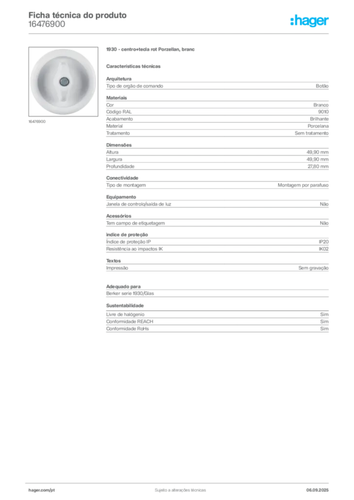 Imagem Hager Ficha técnica do produto 16476900 | Hager Portugal