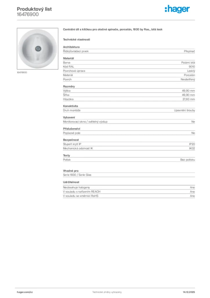 Obrázek Hager Produktový list 16476900 | Hager