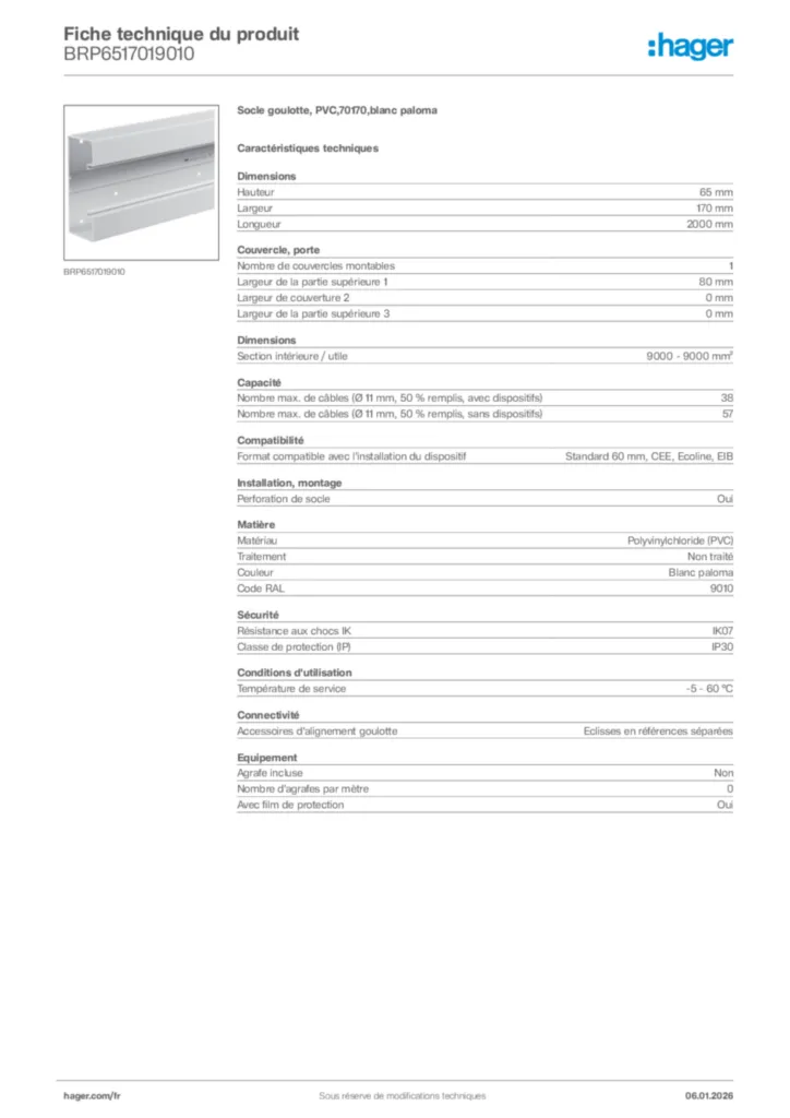 Image Hager Fiche technique du produit BRP6517019010 | Hager France