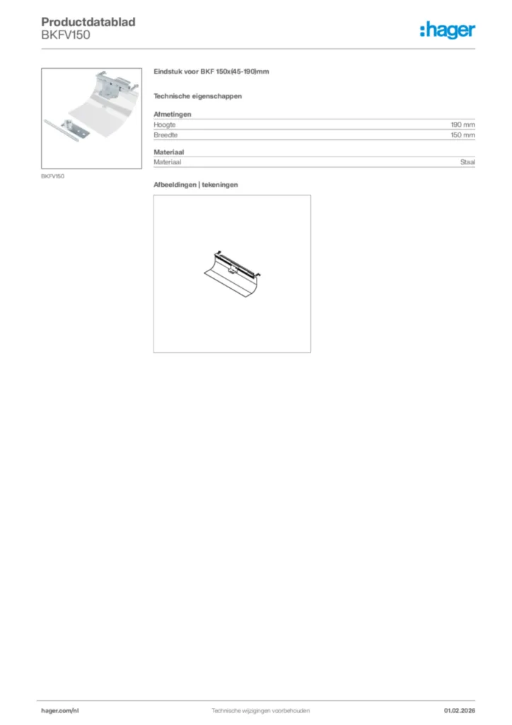 Afbeelding Hager Productdatablad BKFV150 | Hager Nederland