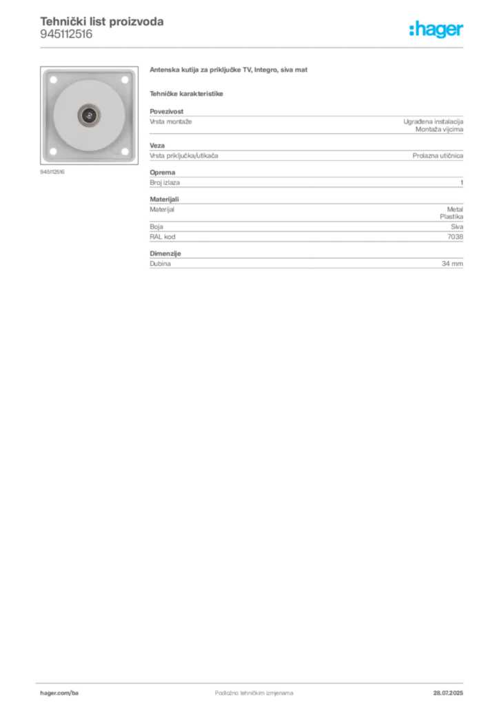 Slika Hager Product data sheet 945112516  | Hager