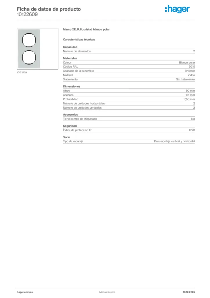 Imagen Hager Ficha de datos de producto 10122609 | Hager España