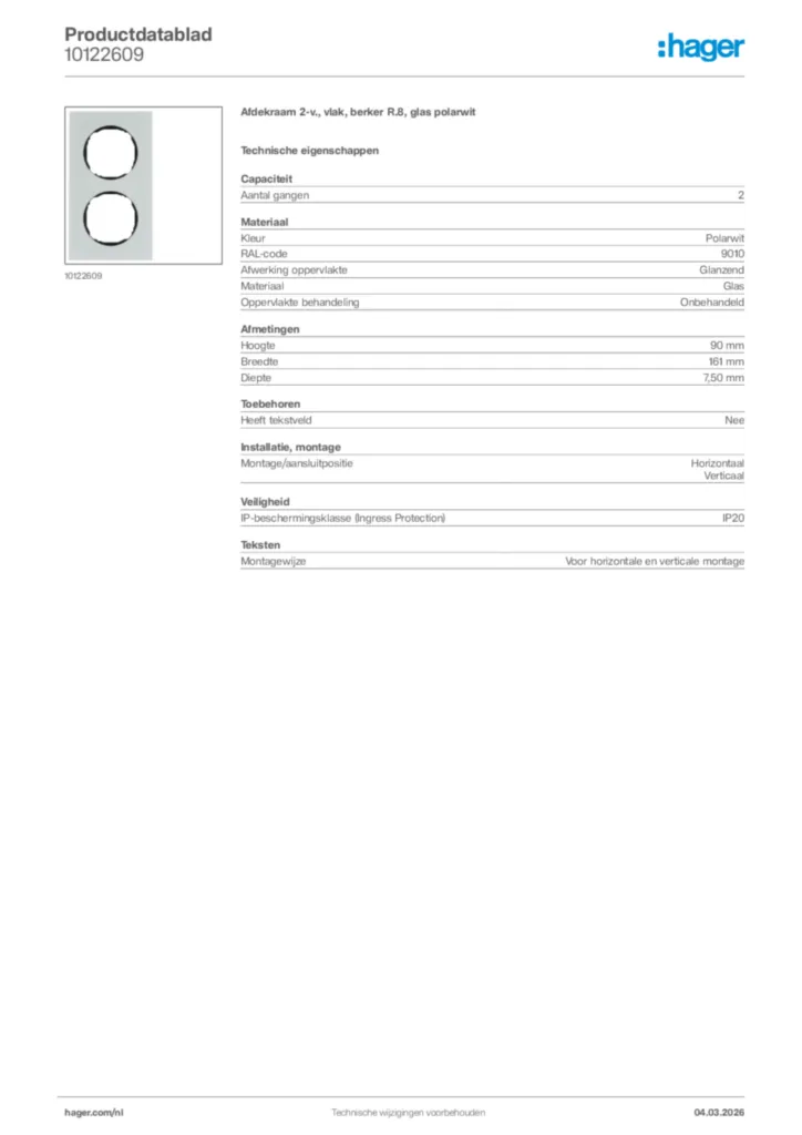 Afbeelding Hager Productdatablad 10122609 | Hager Nederland