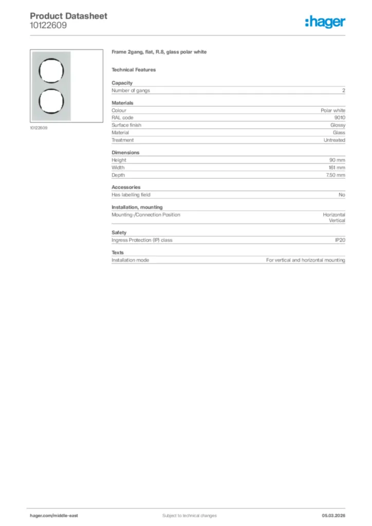 Image Hager Product data sheet 10122609  | Hager