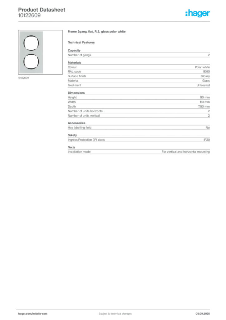 Image Hager Product data sheet 10122609  | Hager