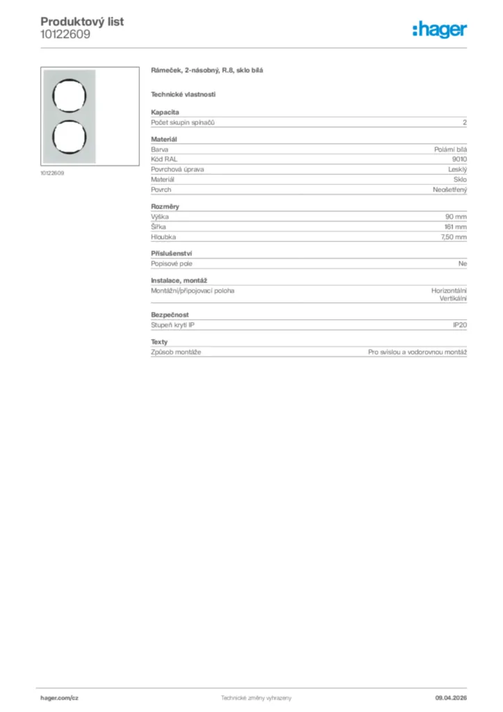 Obrázek Hager Product data sheet 10122609 | Hager