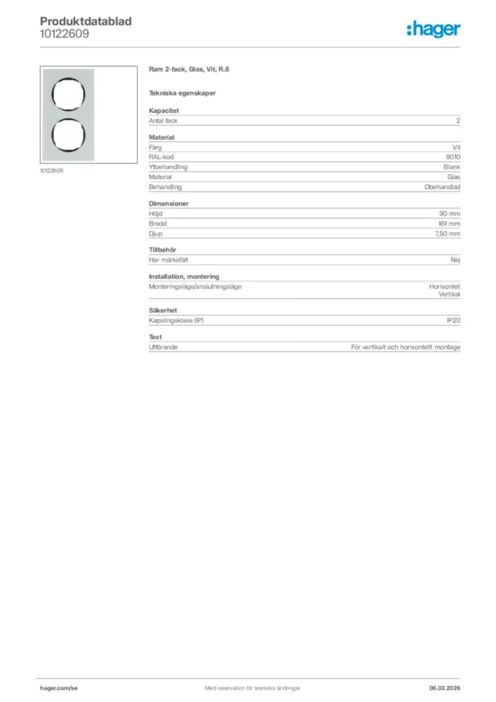 Bild Hager Produktdatablad 10122609 | Hager Sverige