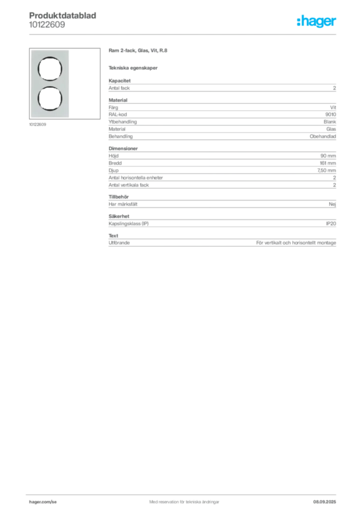 Bild Hager Produktdatablad 10122609 | Hager Sverige