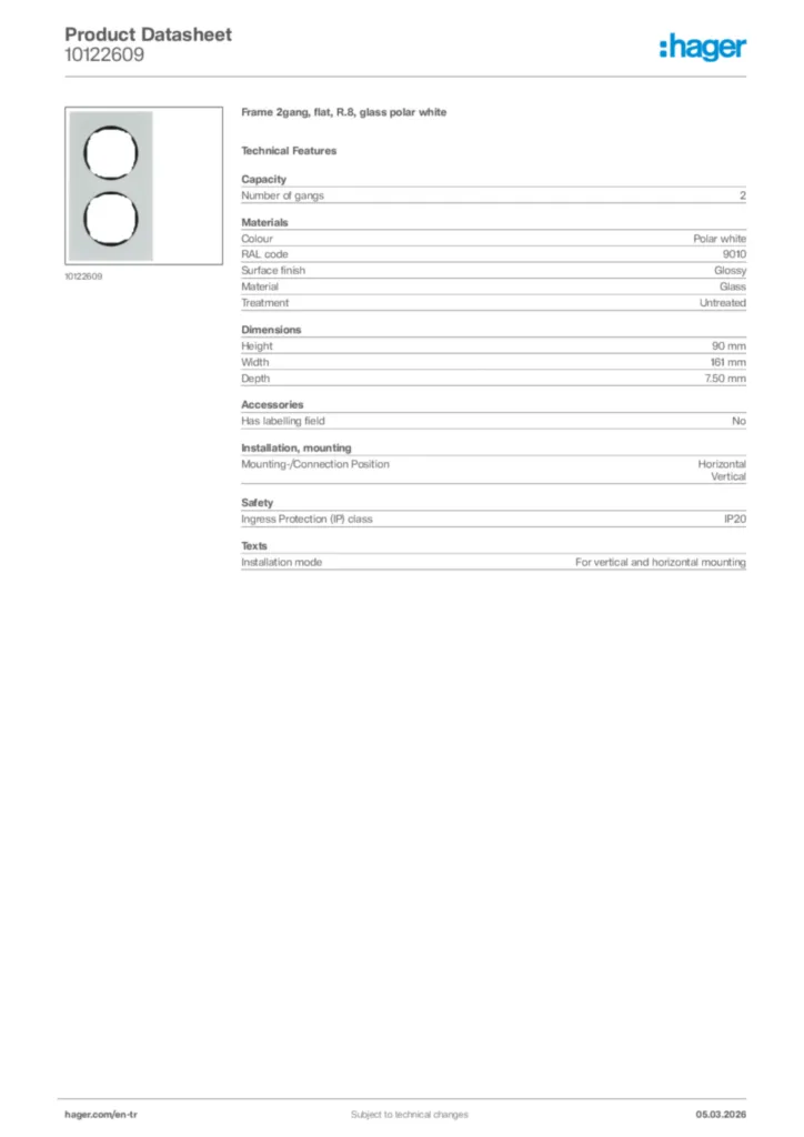 Image Hager Product data sheet 10122609  | Hager