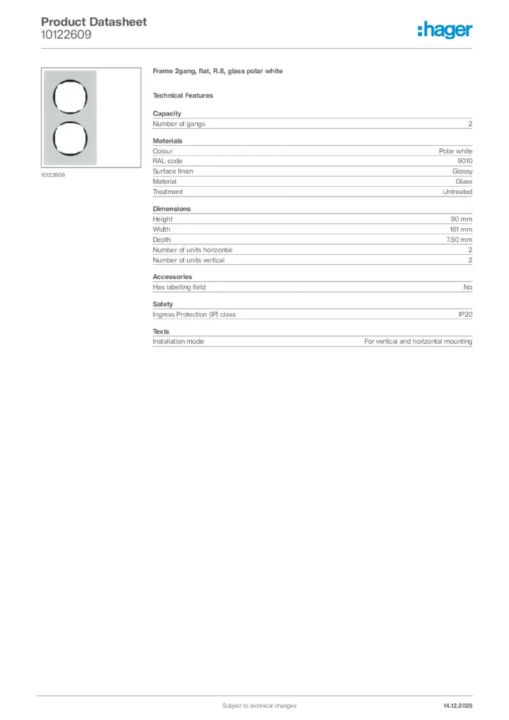 Image Hager Product data sheet 10122609  | Hager
