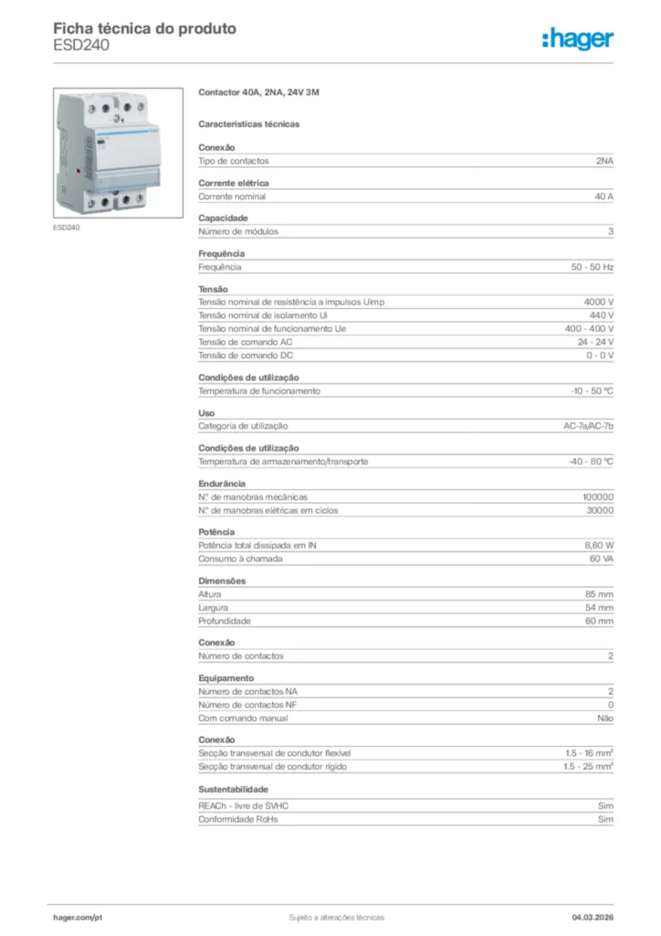 Imagem Hager Ficha técnica do produto ESD240 | Hager Portugal
