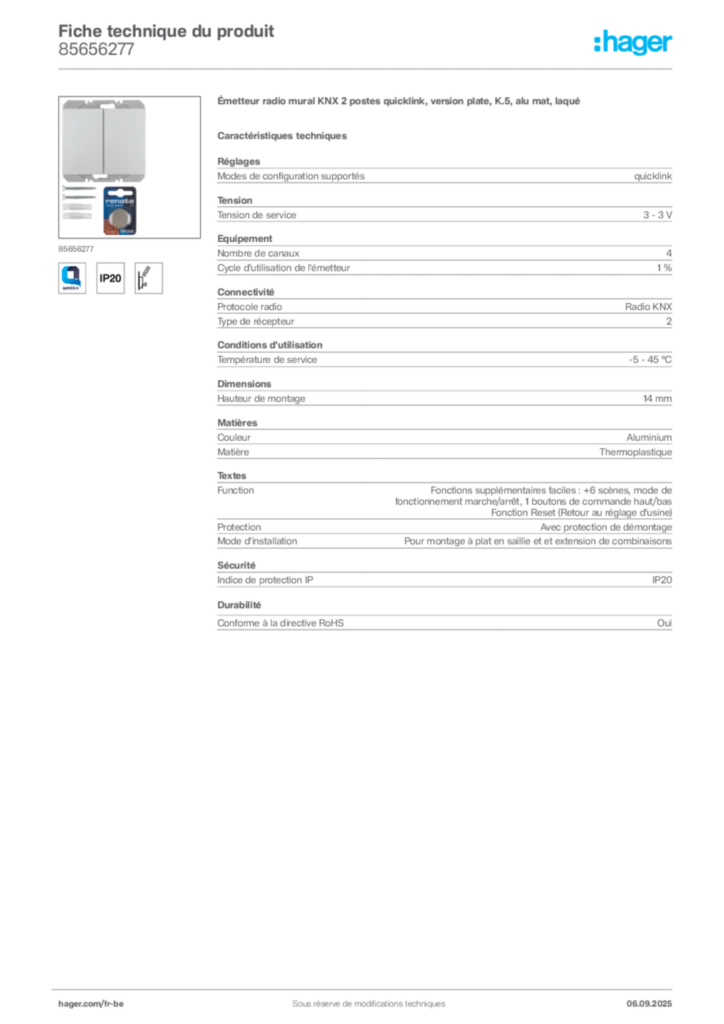 Image Hager Fiche technique du produit 85656277 | Hager Belgique