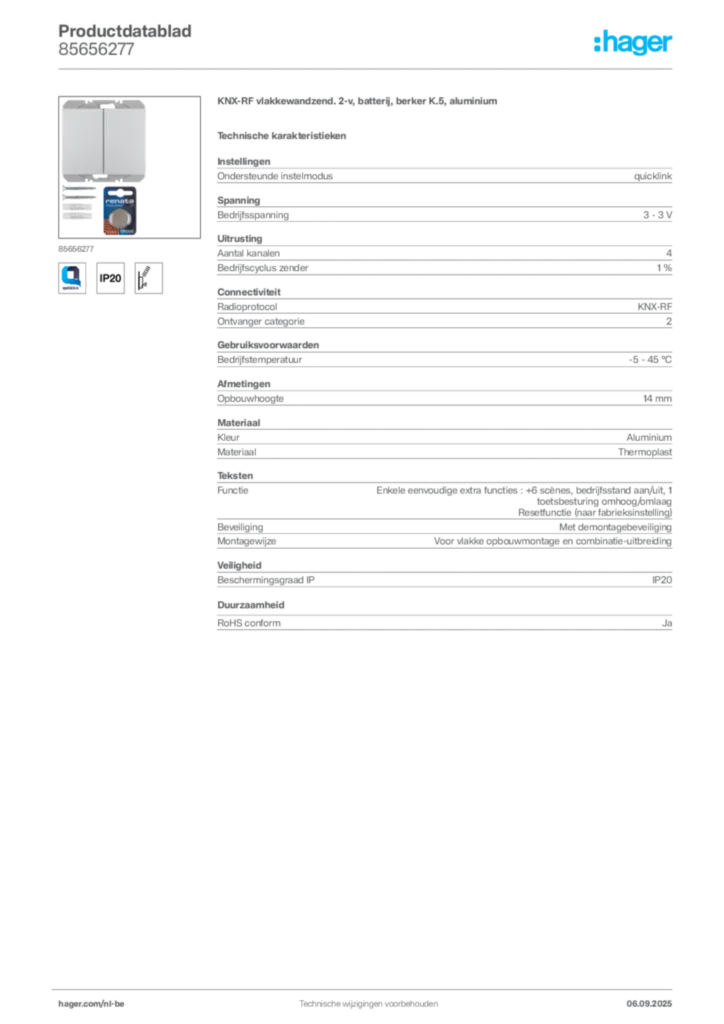 Afbeelding Hager Productdatablad 85656277 | Hager Belgium