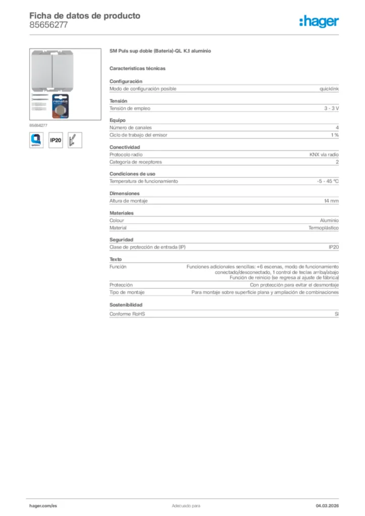 Imagen Hager Ficha de datos de producto 85656277 | Hager España