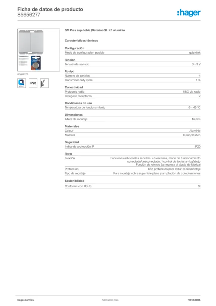 Imagen Hager Ficha de datos de producto 85656277 | Hager España