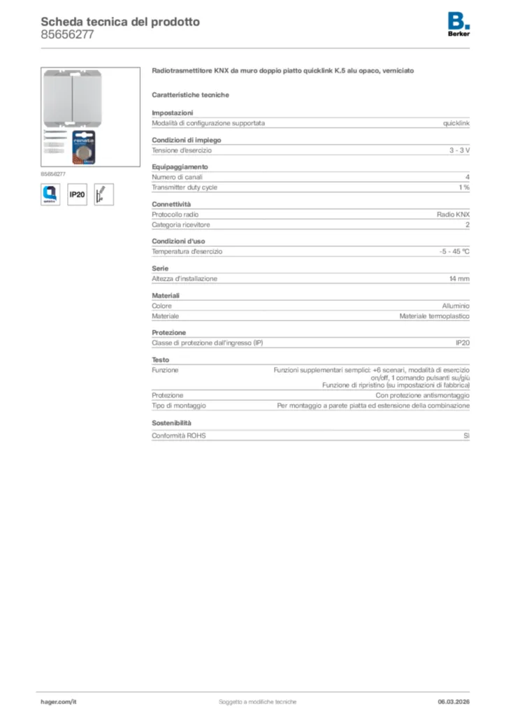 Immagine Berker Scheda tecnica del prodotto 85656277 | Hager Italia